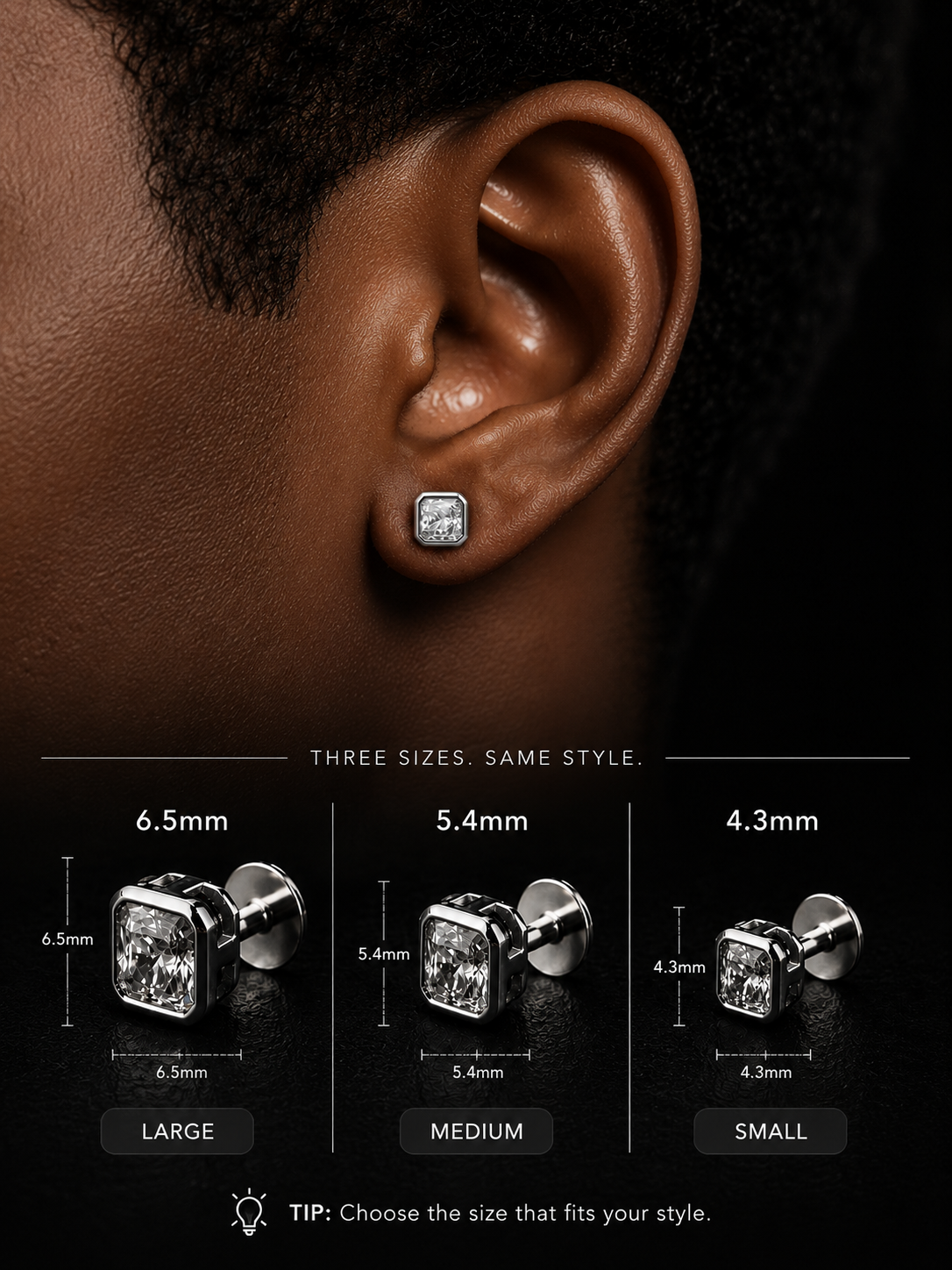 Close-up of a person's ear wearing a square stud earring, with three size options below labeled 6.5mm (Large), 5.
