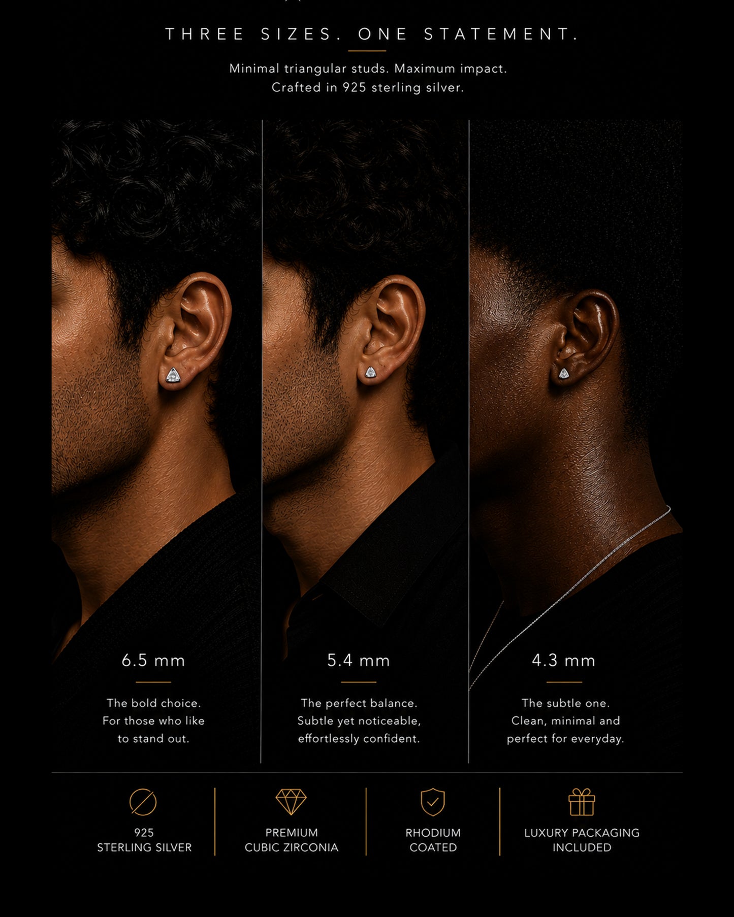 Three side-profile portraits of a man wearing small stud earrings in different sizes on a black background, with text reading 'THREE SIZES. ONE STATEMENT.