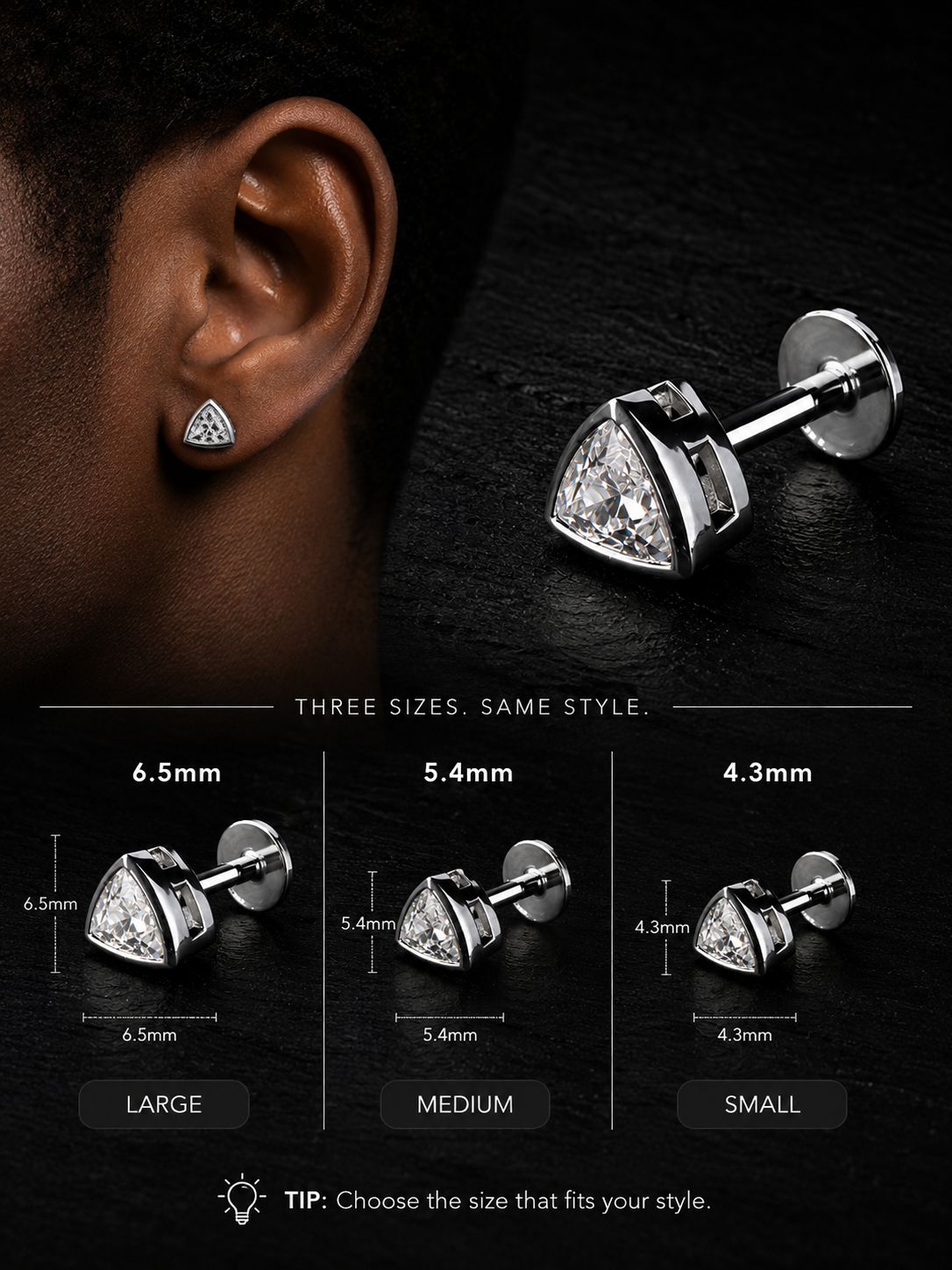 Silver triangular stud earrings with clear gemstones, shown worn on an ear and displayed in three sizes (6.5mm, 5.