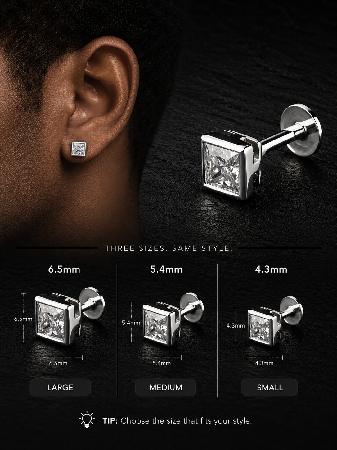 Square stud earrings with clear gemstones shown on a model's ear and as size options labeled 6.5mm (Large), 5.
