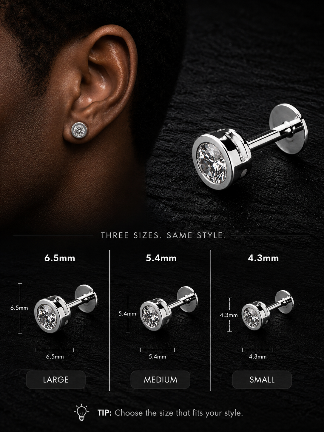 Silver round stud earrings with clear gemstones shown on a model's ear and as size options labeled 6.5mm (Large), 5.