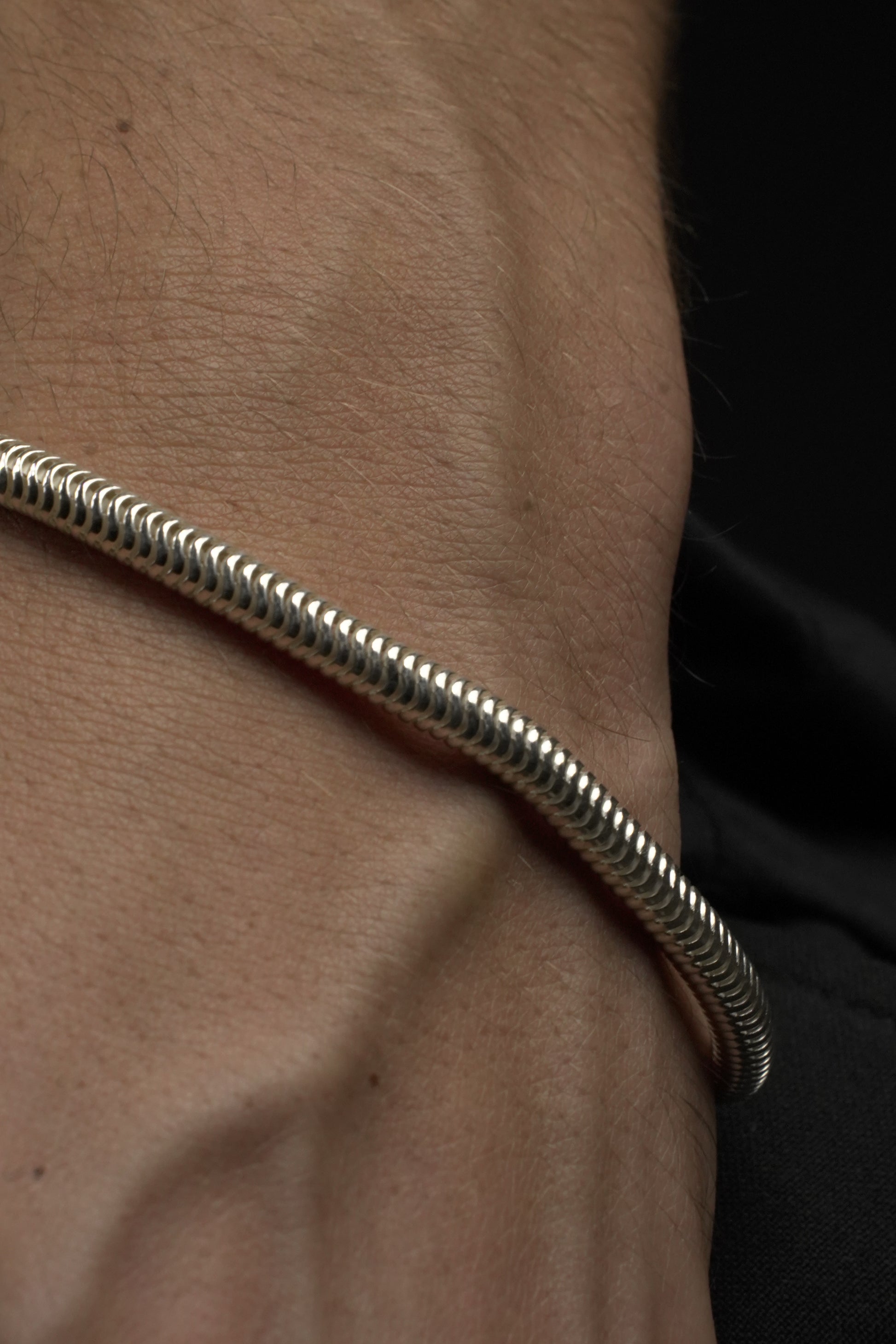 Close-up of a snake coiled on a person's arm with a dark background